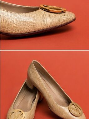 Valentino Garavani Beige Textured Leather Block Heel Pumps with Gold Logo